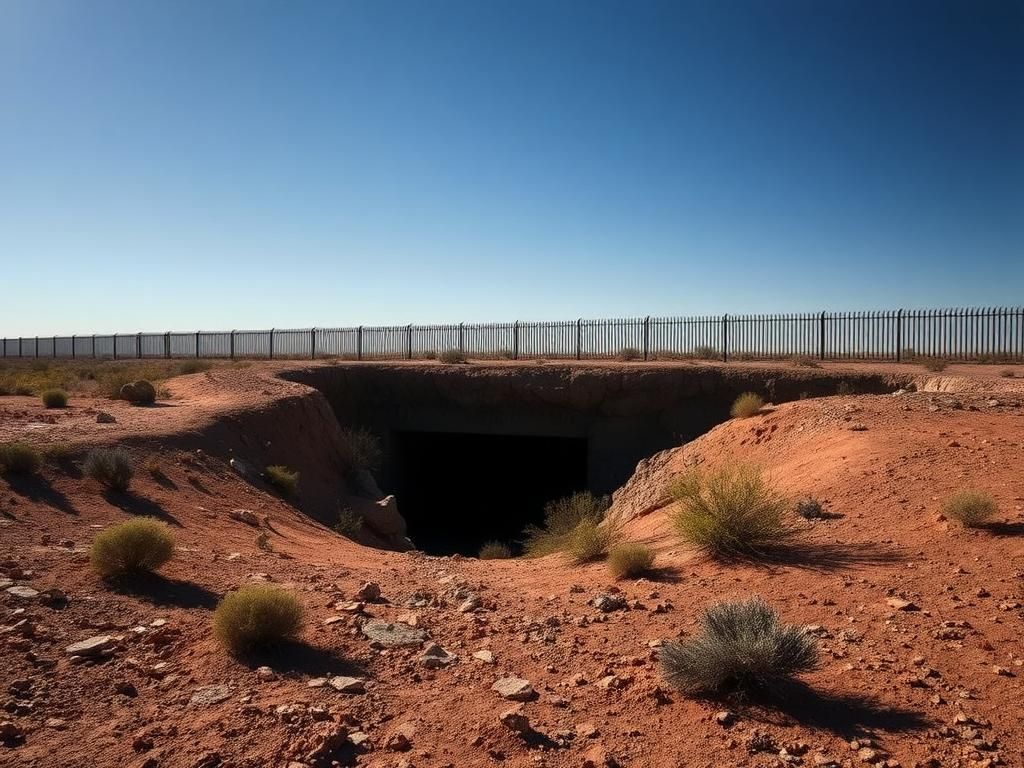 Flick International A detailed view of a section of the U.S.-Mexico border showcasing a camouflaged drug cartel tunnel entrance amidst the desert landscape.