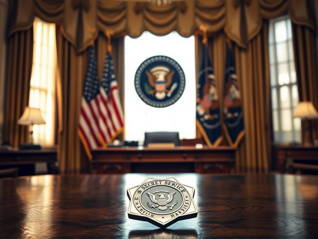 Flick International A solemn interior of the Oval Office with an empty US Secret Service badge on the desk