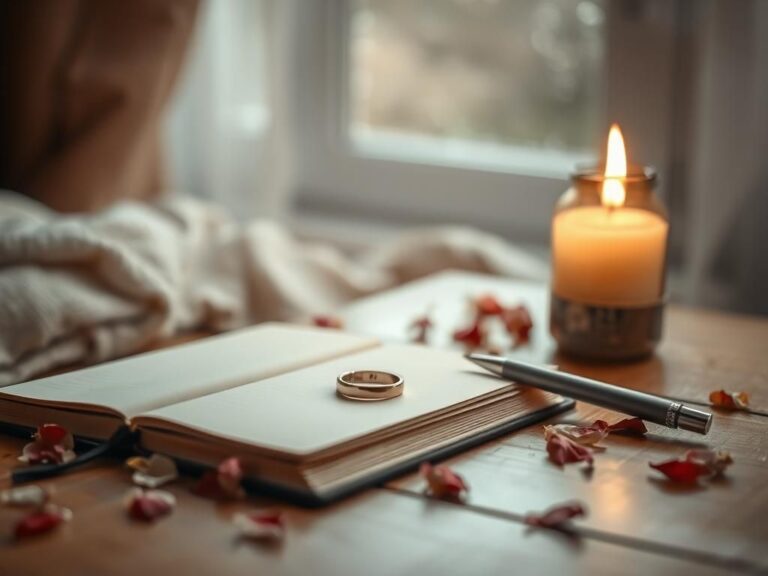 Flick International A solemn engagement ring on a wooden surface with dried flower petals and a flickering candle, symbolizing lost love.