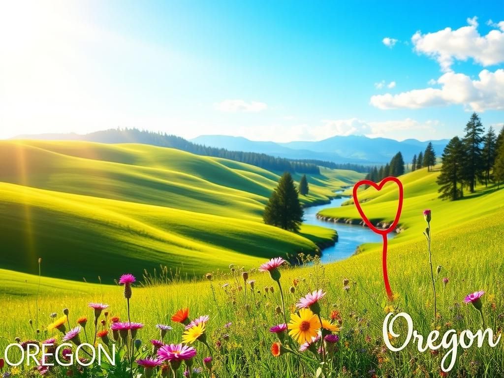 Flick International Serene landscape of Oregon with green hills, wildflowers, and a flowing river symbolizing hope and reproductive healthcare support