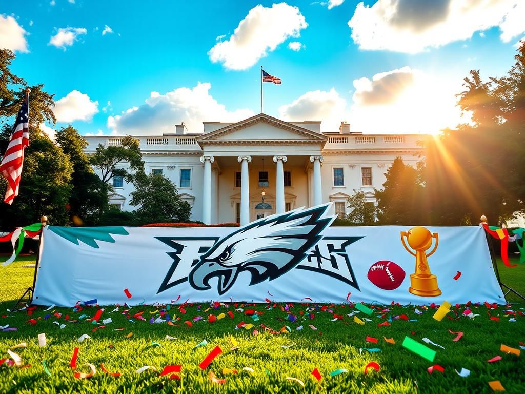 Flick International Vibrant scene of the White House with decorative Eagles banner celebrating Super Bowl LIX victory