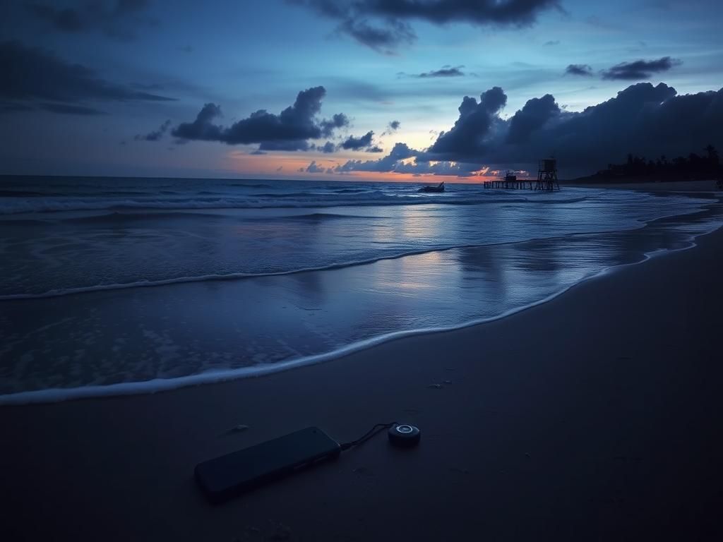 Flick International Beach at dusk with gentle waves and personal belongings on the sand