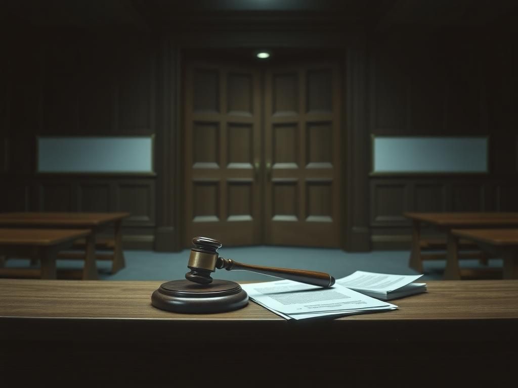 Flick International Dimly lit courtroom with a gavel on a judge's bench