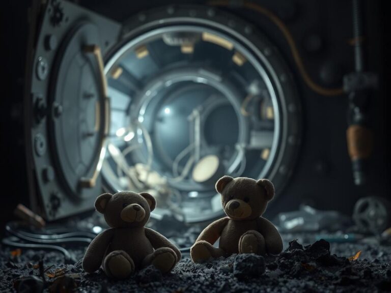 Flick International Dimly lit hyperbaric chamber aftermath with burnt teddy bears