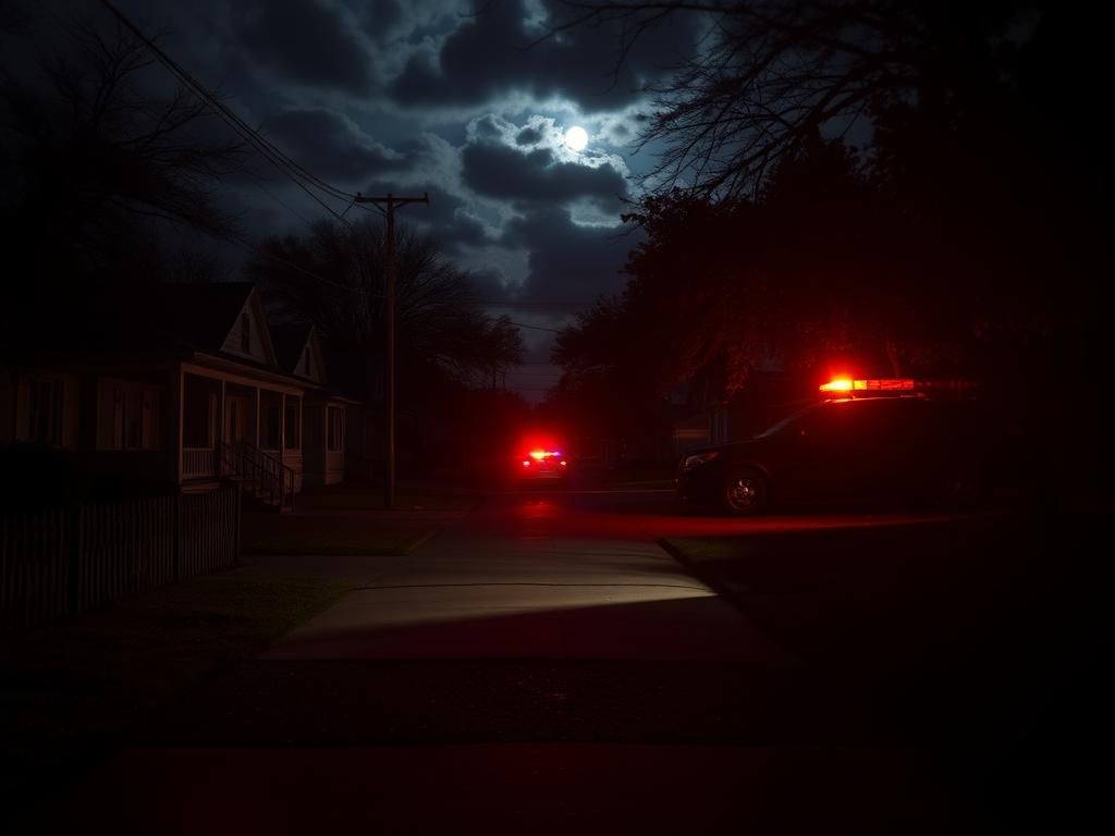 Flick International Dimly lit residential street in South Austin with police lights illuminating evidence markers