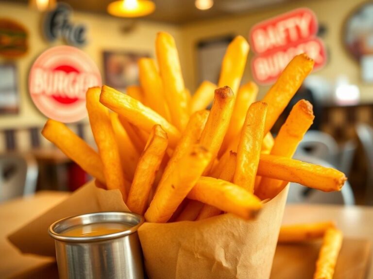 Flick International Close-up of crispy golden-brown french fries in a vintage paper cone with a ramekin of beef tallow