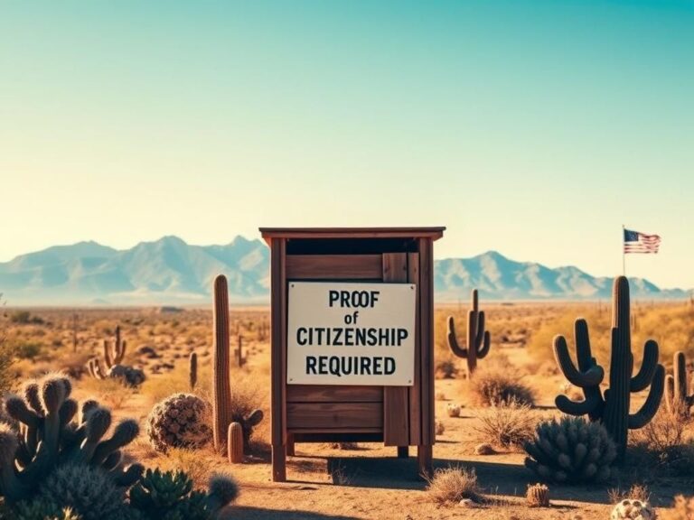 Flick International A rustic wooden voting booth in the Arizona desert emphasizing proof of citizenship for voting