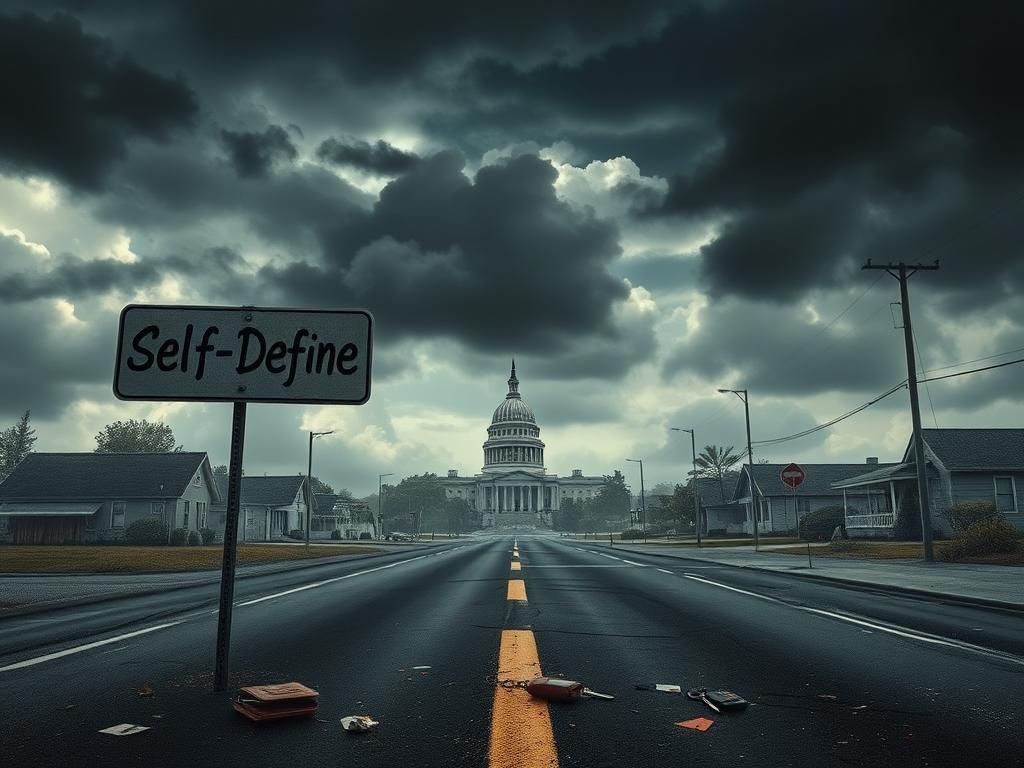 Flick International Ominous California landscape depicting dark clouds and abandoned streets representing self-defense controversy