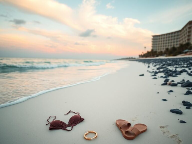 Flick International A deserted beach at dawn with personal items scattered in the sand