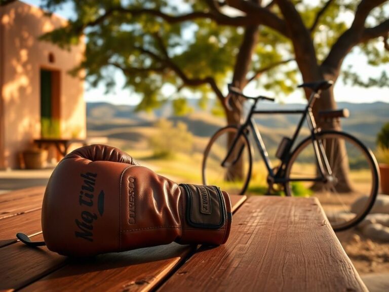 Flick International A boxing glove and golf clubs resting on a picnic table in a serene Santa Fe landscape