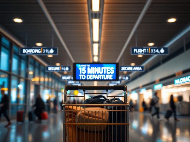 Flick International Bustling airport scene with illuminated gate display showing 15 minutes to departure