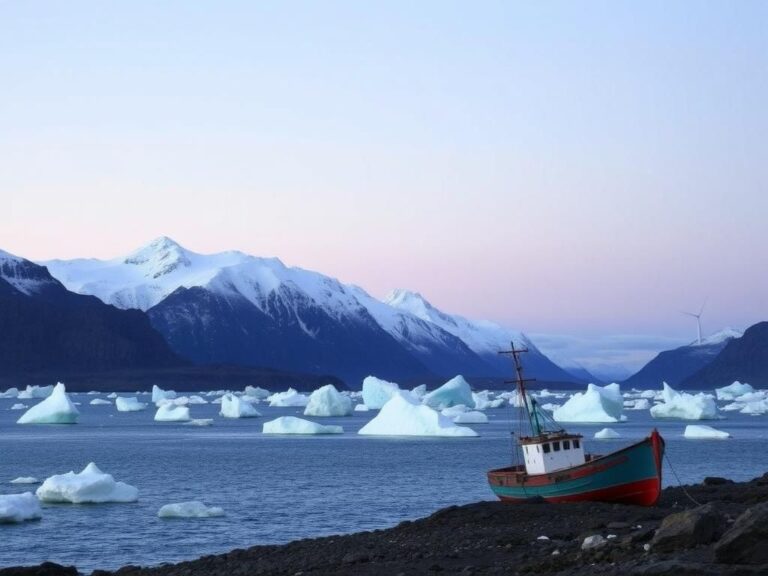 Flick International Panoramic view of Greenland's rugged landscape with icebergs in a fjord and a traditional fishing boat