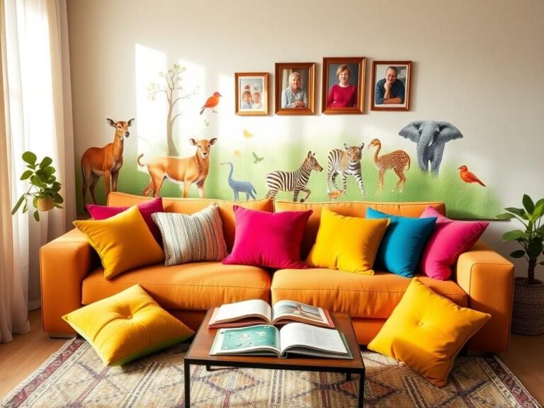 Flick International Cozy family living room with colorful pillows and artistic mural