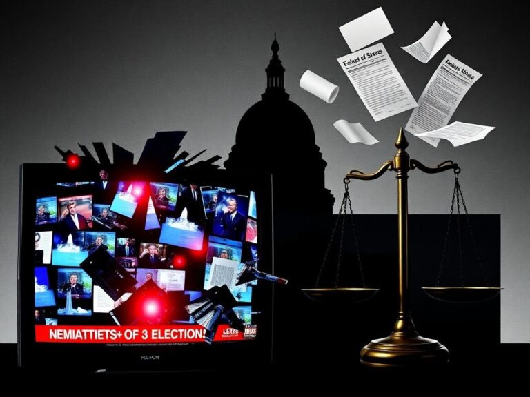 Flick International Distorted television screen displaying fragmented news footage, symbolizing media ethics and election integrity