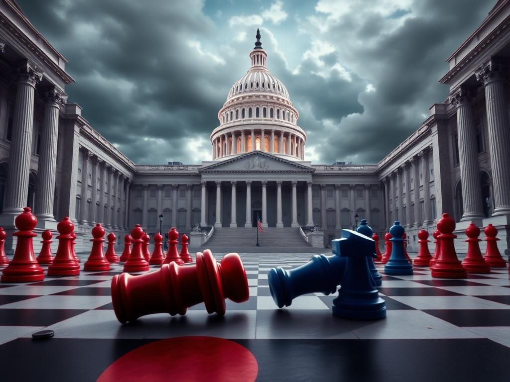 Flick International A political chessboard in front of a grand Capitol building symbolizing political conflict