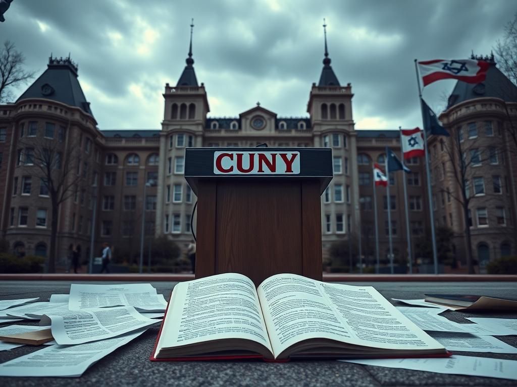 Flick International Empty podium at Hunter College with CUNY banner, symbolizing a canceled event amidst academic tensions