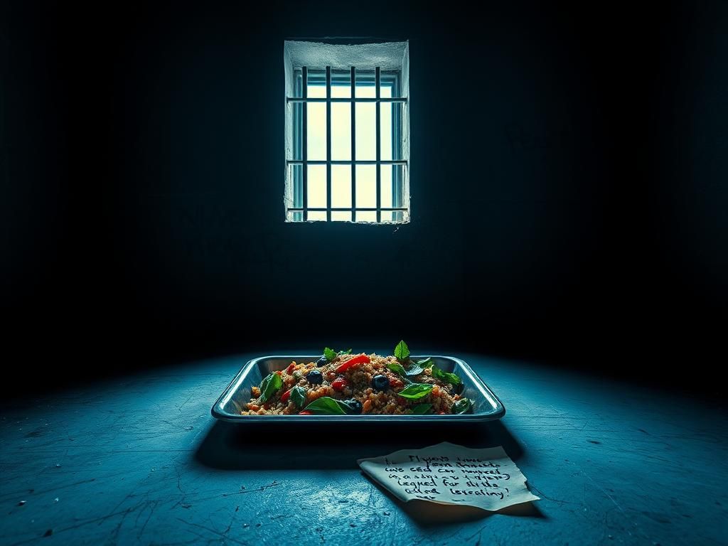 Flick International A dimly lit jail cell with a colorful vegan meal on a metal tray