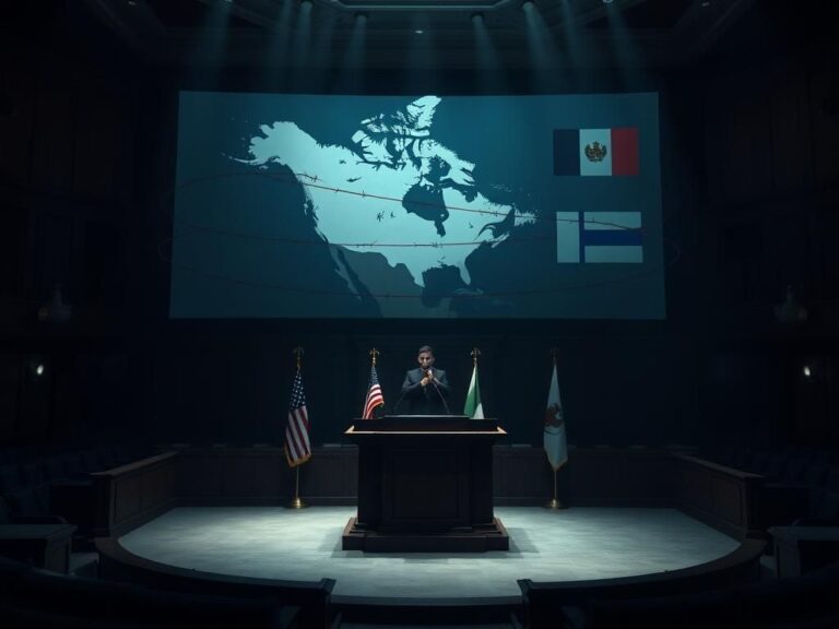 Flick International Dramatic legislative chamber with empty podium and projected map of Greenland, Canada, and Panama