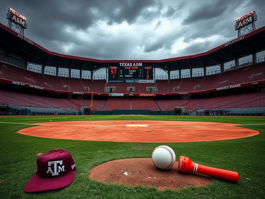 Flick International A dramatic baseball field under cloudy skies, featuring Texas A&M colors and empty grandstands