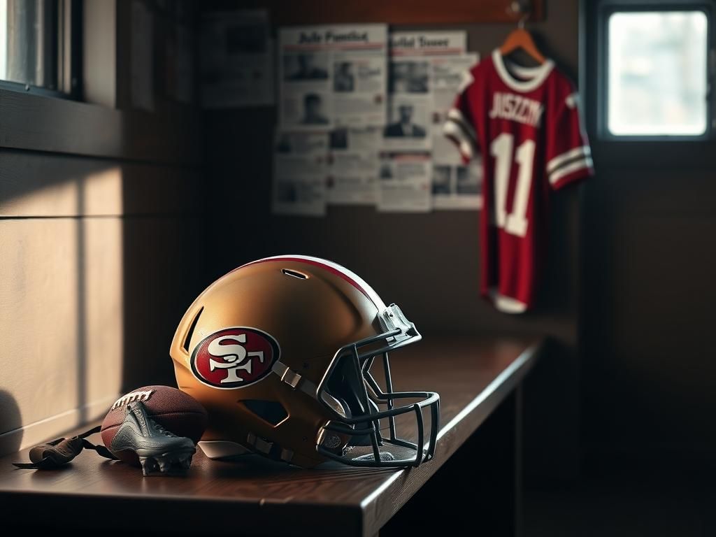 Flick International San Francisco 49ers helmet resting on a wooden bench in a dimly lit locker room