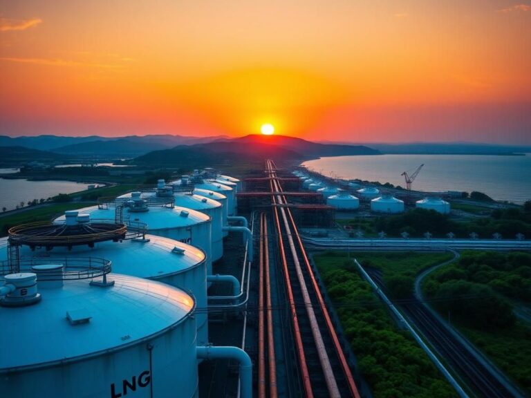 Flick International Vibrant landscape of a natural gas export terminal along the Gulf of Mexico