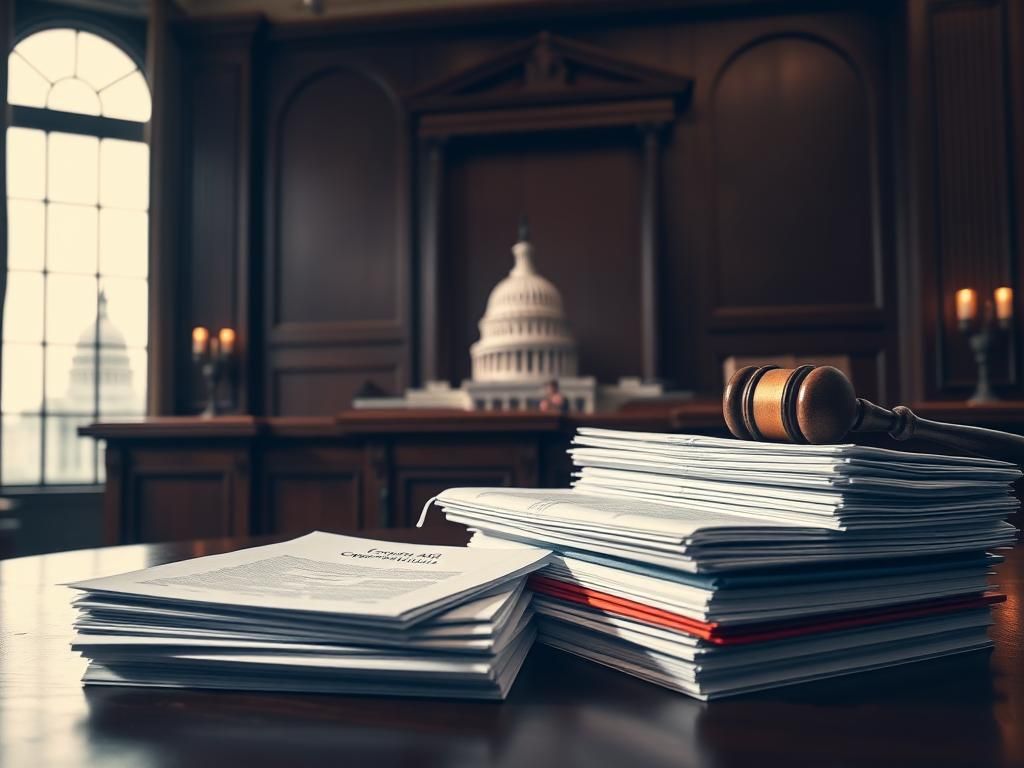 Flick International A courtroom scene showcasing a large wooden judge's bench with legal documents on the desk