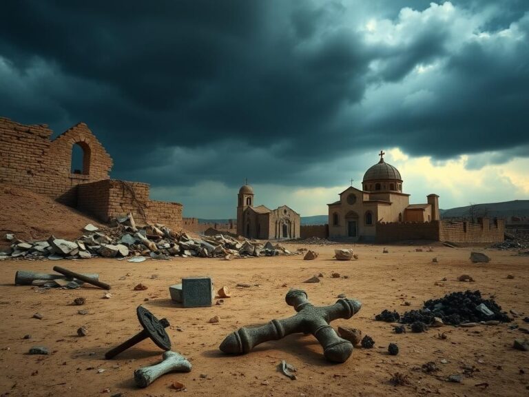 Flick International Desolate Syrian landscape with ruined stone buildings and crumbling churches symbolizing the loss of Christian heritage