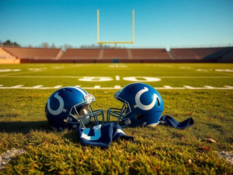 Flick International Blue and white Colts helmet on a grassy patch with goalposts in the background