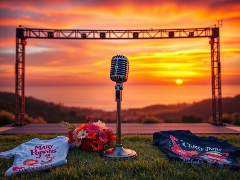 Flick International Vintage microphone on an open-air stage at a fundraiser for California wildfires