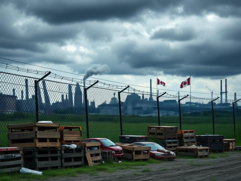 Flick International Dramatic scene of the U.S.-Canada border illustrating trade tensions with barriers and abandoned goods.