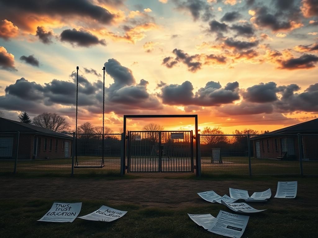 Flick International A deserted schoolyard at sunset illustrating the impact of COVID-19 on parents