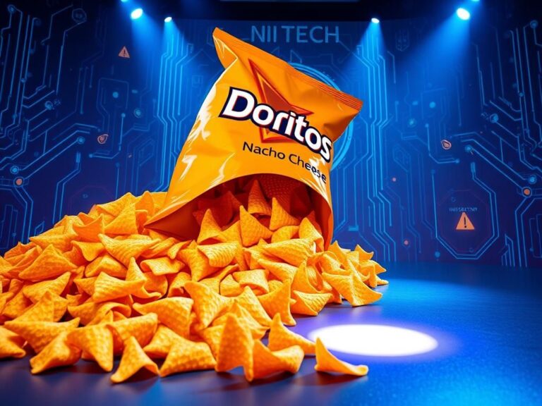 Flick International A large, oversized bag of nacho cheese Doritos spilling on a stage resembling an AI conference.