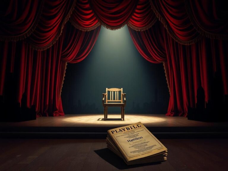 Flick International Empty theater stage with a spotlight on a wooden chair, symbolizing absence and contemplation amidst political shadows.