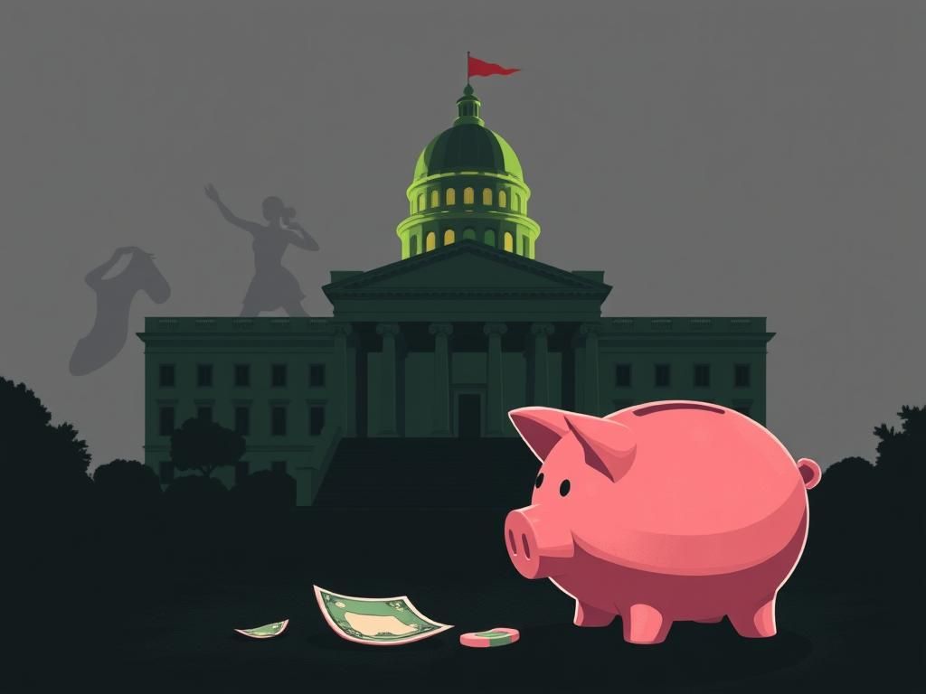 Flick International Illustration depicting a government building with a broken piggy bank in the foreground, symbolizing misuse of public funds