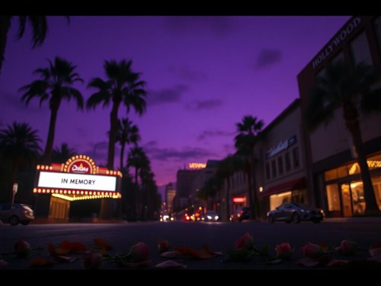 Flick International Dimly lit Hollywood street at dusk with palm trees and an empty marquee