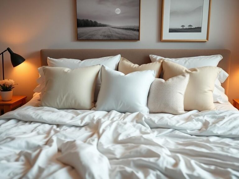 Flick International A serene bedroom interior featuring five distinct pillows for optimal sleep comfort