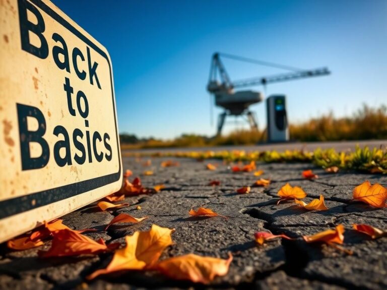 Flick International Close-up view of a weathered road sign with 'Back to Basics' text, symbolizing a shift in transportation priorities amidst autumn leaves.