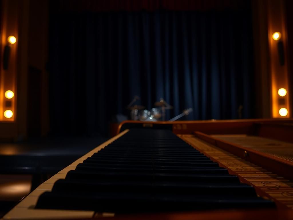 Flick International Empty grand piano on a stage, symbolizing postponed concerts