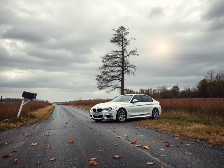 Flick International Scene of a serene country road with a white 2016 BMW 340 and debris, symbolizing loss