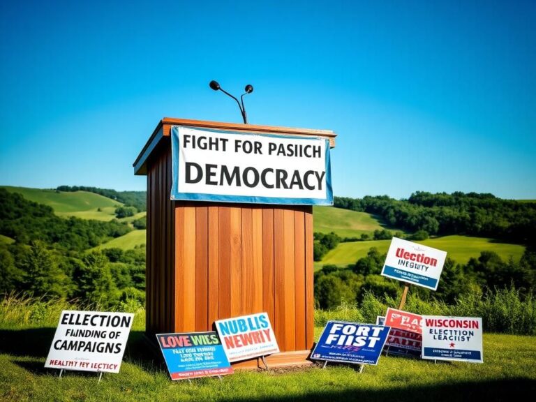 Flick International Large weathered wooden podium against a vibrant Wisconsin landscape with campaign signs