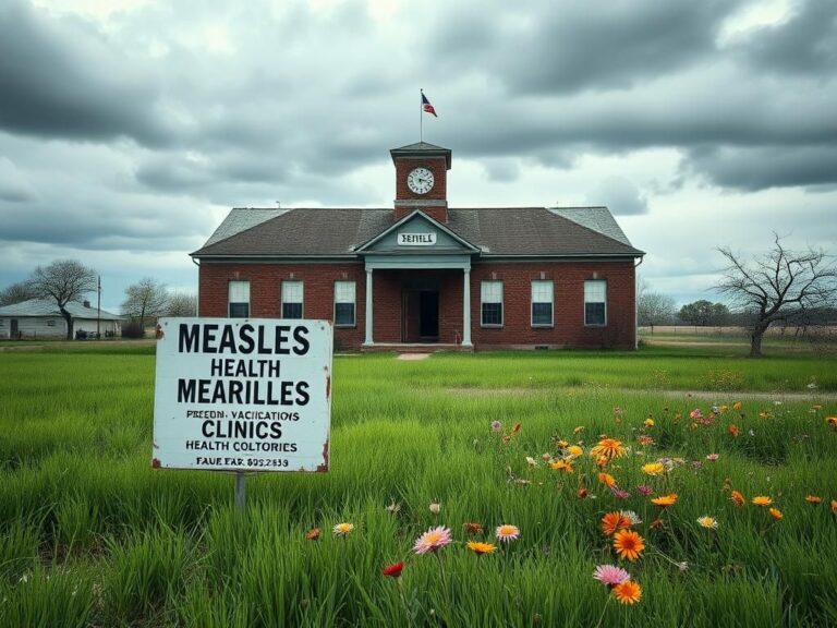 Flick International Rural Texas landscape with a dilapidated school building and vaccination signage amidst wilted flowers