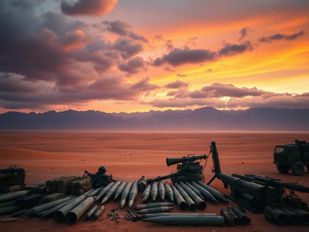 Flick International Military supplies arranged in a desert landscape symbolizing Middle East conflicts
