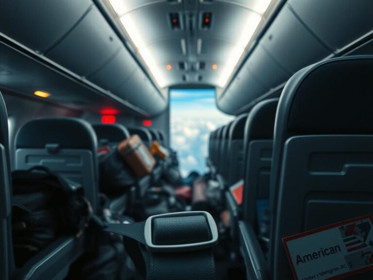 Flick International Chaotic airplane cabin with scattered luggage and an overturned drink cart