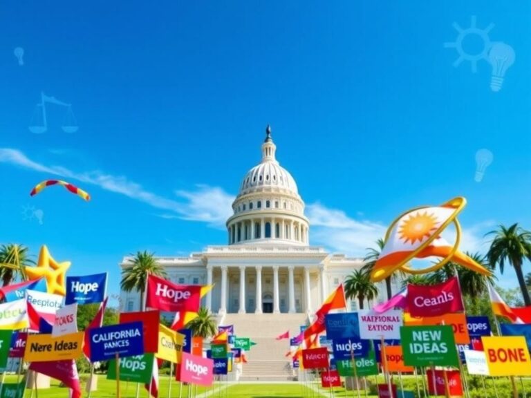 Flick International California state capitol building surrounded by colorful campaign banners under a bright blue sky