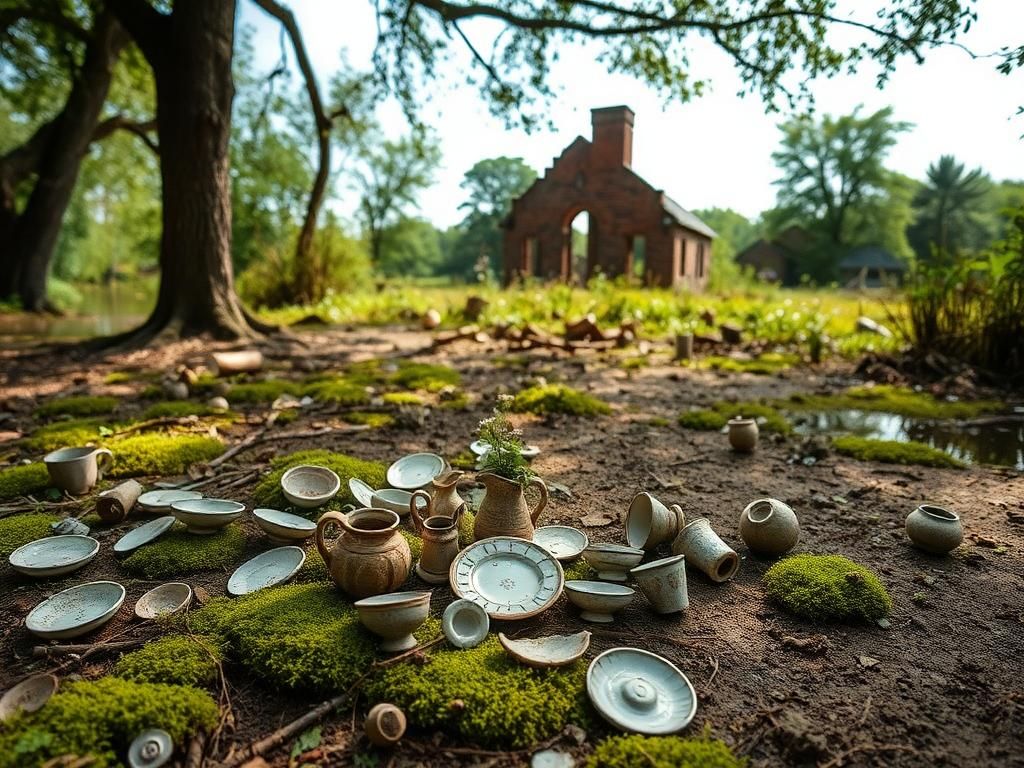 Flick International Excavated artifacts found at Harriet Tubman's family home, including broken ceramics.