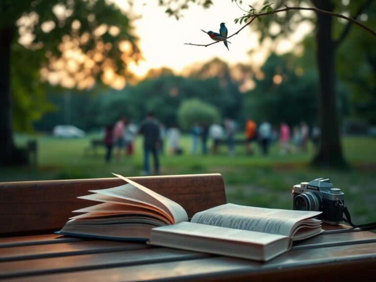 Flick International A serene outdoor scene at twilight with a partially closed book and vintage camera on a wooden bench