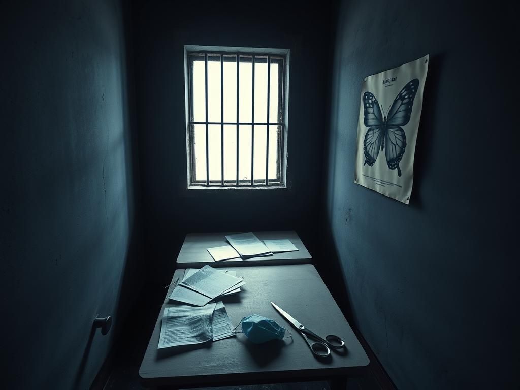 Flick International A dimly lit prison cell with a solitary barred window and scattered medical documents