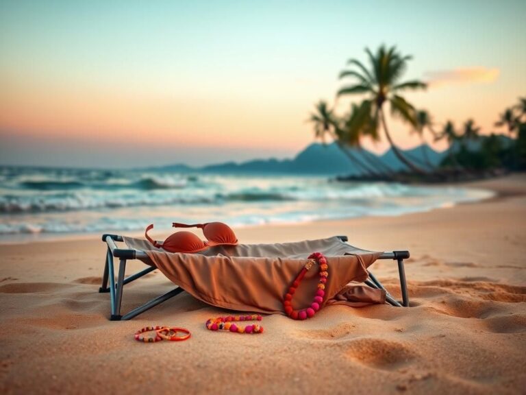 Flick International Portable beach bed with clothing items displayed on a serene beach