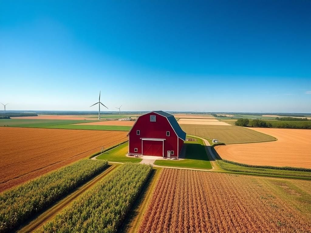 Flick International Aerial view of an American agricultural landscape with corn and soybeans fields and a red barn