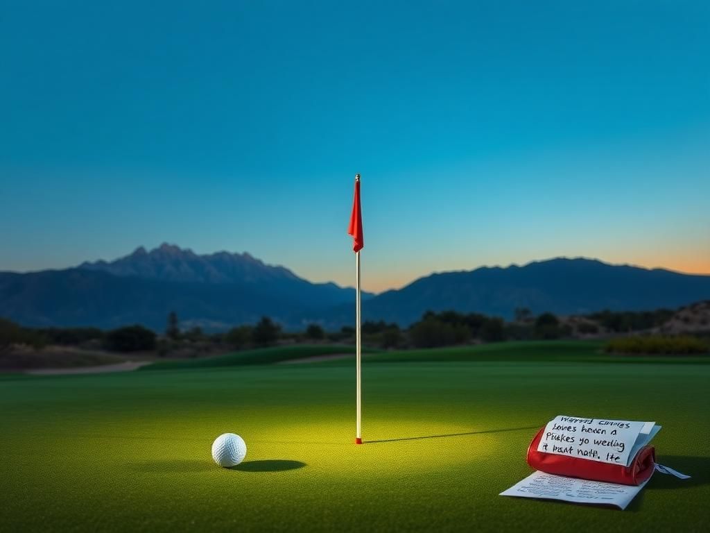 Flick International Artistic representation of a serene golf course at dusk with a golf ball and medical elements symbolizing Tiger Woods' recovery